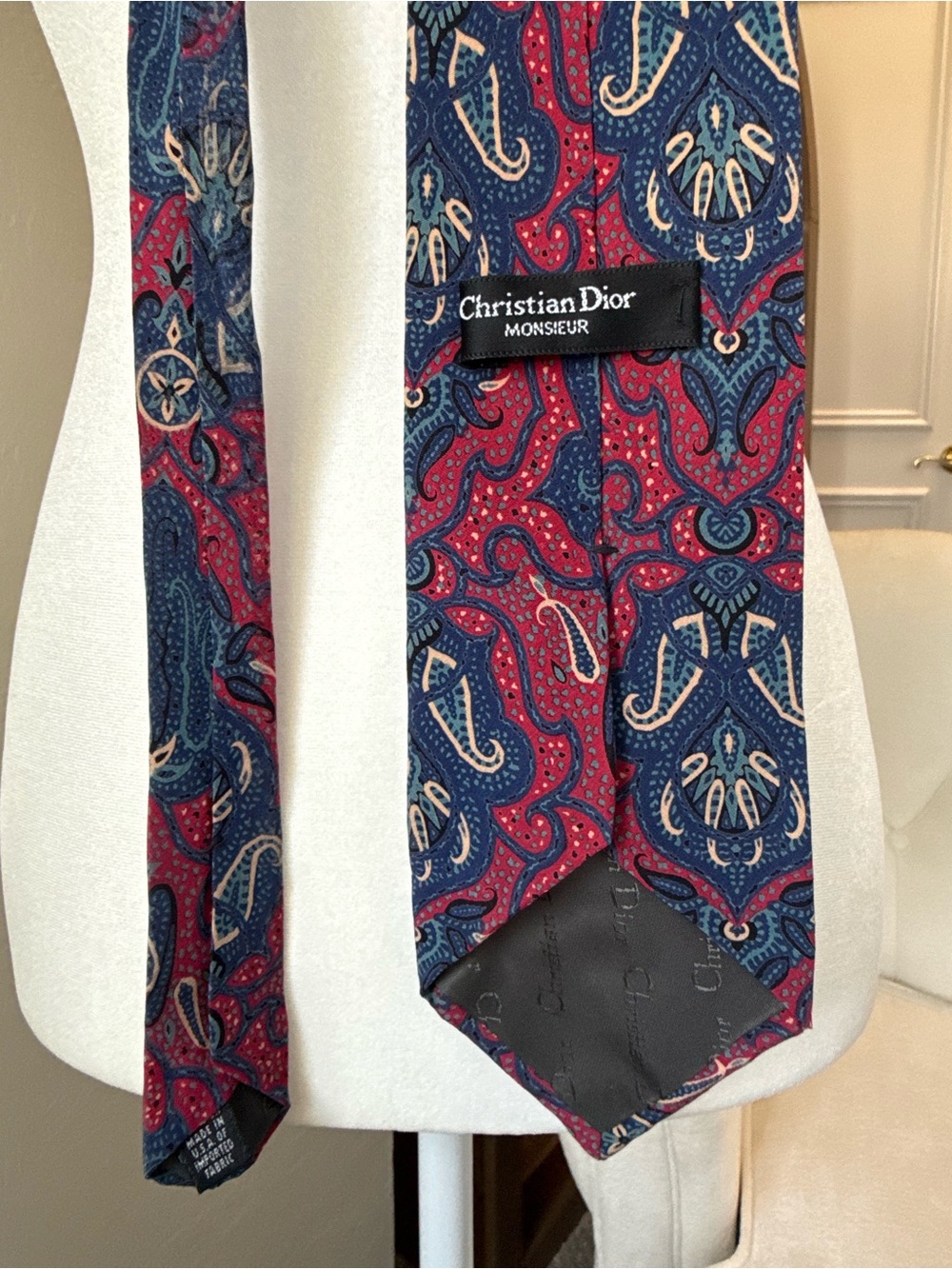Christian Dior Monsieur 100% Silk Paisley Tie Burgundy Navy Made in USA